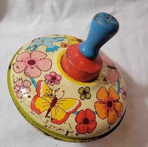 Vintage tin spinning top toy butterflies birds flowers
